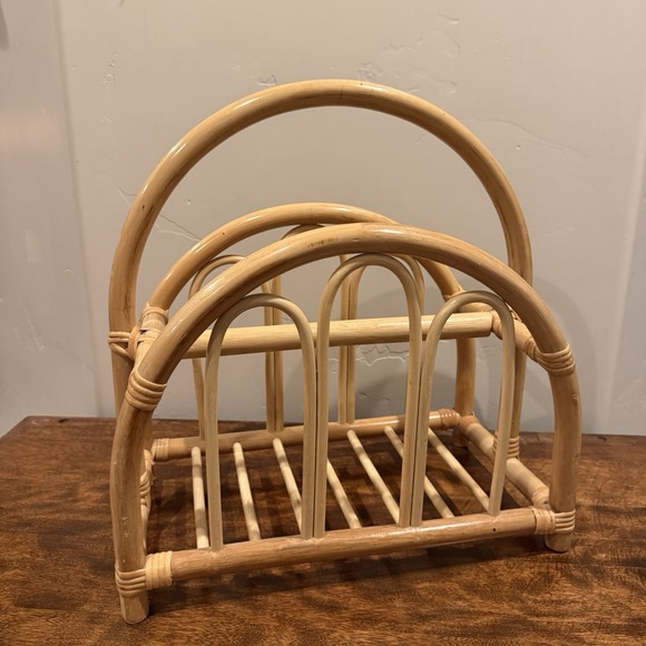 Vintage Mid Century Modern MCM Rattan Bent Curved Bamboo Magazine Rack Holder